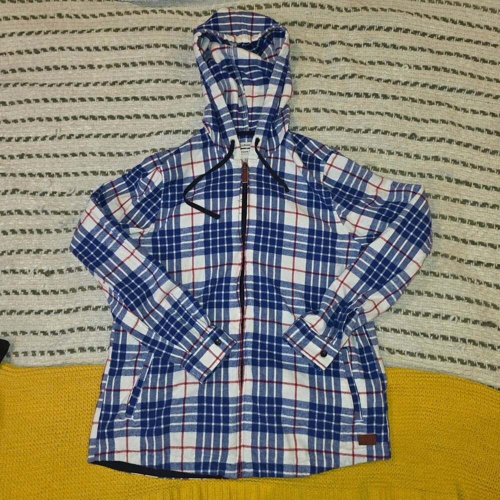 L.L. Bean Relaxed Fit Blue White Red Plaid Full Zip Flannel Hoodie M Tall